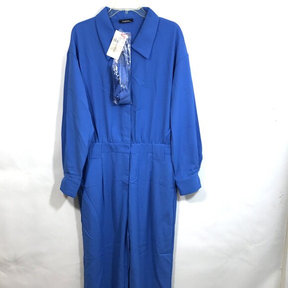 XXL Jumpsuit Long Sleeve Wide Leg Pockets Blue - Picture 2 of 10